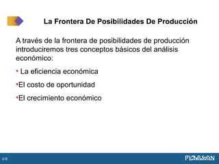 A través de la frontera de posibilidades de producción
introduciremos tres conceptos básicos del análisis
económico:
• La eficiencia económica
•El costo de oportunidad
•El crecimiento económico
La Frontera De Posibilidades De Producción
2-6
 