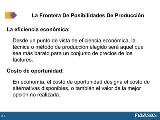 La eficiencia económica:
Desde un punto de vista de eficiencia económica, la
técnica o método de producción elegido será aquel que
sea más barato para un conjunto de precios de los
factores.
Costo de oportunidad:
En economía, el costo de oportunidad designa el costo de
alternativas disponibles, o también el valor de la mejor
opción no realizada.
La Frontera De Posibilidades De Producción
2-7
 