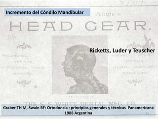 Incremento del Cóndilo Mandibular

Ricketts, Luder y Teuscher

Graber TH M, Swain BF: Ortodoncia : principios generales y técnicas Panamericana
1988 Argentina
23

 