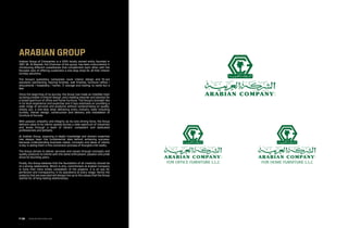 arabian group
Arabian Group of Companies is a 100% locally owned entity founded in
1967. Mr. Ali Baslaib, the Chairman of the group, has been instrumental in
introducing different subsidiaries that complement each other with the
focused view of offering customers a one-stop shop for all their interior
turnkey solutions.
The Group’s subsidiary companies cover interior design and fit-out
solutions, partitioning, flooring finishes, wall finishes, furniture (office /
educational / hospitality / home), IT, storage and trading, to name but a
few.
Since the beginning of its journey, the Group has made an indelible mark
as being a leader in interior design, and a leading importer and stockist for
a broad spectrum of office and home furniture. The Group’s strength lies
in its local experience and expertise and it lays emphasis on providing a
wide range of services and products without compromising on quality.
Simply put, a one-stop shop delivering every industry need including
turnkey, interior design, construction and delivery and installation of
furniture & fixtures.
With passion, empathy and integrity as its core driving force, the Group
delivers value to its clients spread across a wide spectrum of industries
and levels through a team of vibrant, competent and dedicated
professionals and skillsets.
At Arabian Group, acquiring in-depth knowledge and domain expertise
has always been the fundamental idea behind achieving success,
because understanding business needs, concepts and ideas of clients
is key in aiding them in the conversion process of thoughts into reality.
The Group strives to deliver services and values through concepts and
quality products to clients with the same enthusiasm, passion and pride
since its founding years.
Finally, the Group believes that the foundation of all creativity should be
of a strong relationship. Which is why, commitment at Arabian Company
is more than mere timely completion of the projects. It is an eye for
perfection and transparency in its operations at every stage. Hence the
projects that are executed will always live up to the values that the Group
stands for, of long-lasting relationships.
FOR OFFICE FURNITURE L.L.C FOR HOME FURNITURE L.L.C
www.arcointeriors.comP 136
 