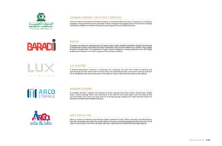 Arabian Company for Office Furniture
Few can match the prowess of Arabian Company in the field of Office Furniture. Growing from strength to
strength in this business over four decades, Arabian Company has helped some of the country’s leading
institutions redefine its interiors through its sourcing and fit-out of office furniture.
Arabian Storage
A complete provider, importer and stockist of Smart Storage and Filling System Department (SS&FS
Dept.), Arabian Storage offers vast experience in the field of maximising space both vertically as well
as horizontally. This is your one-stop shop for all things storage ranging from Hanel-Rotomat system to
Electrical and Mechanical Mobile shelving.
ARCO Edu & Labs
When it comes to importing and stocking quality material for home, office, education and laboratories,
few UAE companies can match the lavish variety of furniture and allied equipment offered by Arco Edu &
Labs. Furniture apart, this firm’s strength also lies in electrical and mobile filling storage systems.
Lux lighting
A leading specialized company in marketing and supplying all kinds and models of lighting and
representing the best world known brands along with providing friendly environment lighting solutions
for all residential and commercial uses, in the open air, decor, retail sale and closed areas lighting.
BARADI
A leading manufacturer specializing in all types of high quality window treatments ranging from manual
to motorized curtains and blinds and other treatments that suit the needs of our clients. High Quality
Products coupled with the expertise of highly creative designers, strong production unit and highly
professional installers turn dream projects into functional realities.
www.arcointeriors.com P 139
 