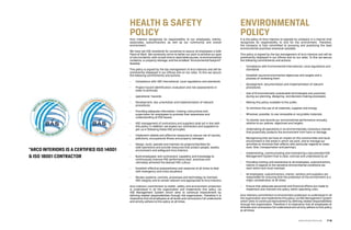 Arco Interiors recognizes its responsibility to our employees, clients,
associates, subcontractors as well as our community and overall
environment.
We have set HSE standards for ourselves to assure all employees a Safe
Place of Work. We constantly strive to better our work to achieve our goal
of zero incidents, with no lost time or reportable injuries, no environmental
incidents, or property damage, and the smallest “environmental footprint”
feasible.
This policy is signed by the top management of Arco Interiors and will be
prominently displayed in our offices and on our sites. To this we secure
the following commitments and actions:
-- Compliance with HSE International, Local regulations and standards
-- Project hazard identification, evaluation and risk assessments in 	
	 order to eliminate
-- operational hazards
-- Development, doc umentation and implementation of relevant 		
	 procedures
-- Providing adequate information, training, instructions and		
	 supervision for employees to promote their awareness and 		
	 understanding of HSE Issues
-- HSE management of contractors and suppliers shall act in line with 	
	 this policy. In addition, we expect our contractors and suppliers to 	
	 join us in following these HSE principles
-- Implement reliable and effective measures to reduce risk of injuries,	
	 pollutions, occupational illness and property damages
-- Design, build, operate and maintain its projects/facilities for 		
	 safe operations and provide resources that protect people, assets, 	
	 environment and safeguard Arco Interiors
-- Build employees’ and contractors’ capability and knowledge to 		
	 continuously improve HSE performance best practices and 		
	 ultimately achieved the desired HSE culture
-- Establish effective preparedness and response at all times to deal 	
	 with emergency and crisis situations
-- Review systems, controls, processes and technology to maintain 	
	HSE integrity and to remain relevant and appropriate to Arco Interiors
Arco Interiors commitment to health, safety and environment protection
is understood in all the organization and implements this policy via
HSE Management System which aims to continual improvement by
defining related responsibilities through the organization. Therefore it is
imperative that all employees at all levels and contractors full understand
and strictly adhere to this policy at all times.
It is the policy of Arco Interiors to operate its company in a manner that
recognizes its responsibility to and for the environment. Therefore,
the company is fully committed to pursuing and practicing the best
environmental practices whenever possible.
This policy is signed by the top management of Arco Interiors and will be
prominently displayed in our offices and on our sites. To this we secure
the following commitments and actions:
-- Compliance with Environmental International, Local regulations and 	
	standards
-- Establish sound environmental objectives and targets and a 		
	 process of reviewing them
-- Development, documentation and implementation of relevant 		
	procedures
-- Use of Environmentally sustainable technologies and practices 	
	 during our planning, designing and decision making processes
-- Making this policy available to the public.
-- To minimize the use of all materials, supplies and energy
-- Wherever possible, to use renewable or recyclable materials.
-- To monitor and records our environmental performance annually, 	
	 relative to our polices, objectives and targets
-- Undertaking all operations in an environmentally conscious manner 	
	 that proactively protects the environment from harm or damage
-- Recognizing that we have an impact on the communities and local 	
	 environment in the areas in which we work, and to manage our 		
	 activities to minimize their effects with particular regards to noise, 	
	 dust, litter, transportation and parking’s.
-- Implementing, communicating and maintaining a documented HSE 	
	Management System that is clear, concise and understood by all
-- Providing training and awareness to all employees, subcontractors, 	
	 clients in regards to the sensitive environmental conditions we 		
	 work within and must maintain
-- All employees, subcontractors, clients, vendors and suppliers are 	
	 responsible for ensuring that the protection of the environment is a 	
	 major consideration at all times.
-- Ensure that adequate personnel and financial efforts are made to 	
	 implement and maintain the policy within operating units
Arco Interiors commitment to environment protection is understood in all
the organization and implements this policy via HSE Management System
which aims to continual improvement by defining related responsibilities
through the organization. Therefore it is imperative that all employees at
all levels and contractors full understand and strictly adhere to this policy
at all times.
health & safety
policy
“ARCO INTERIORS IS A CERTIFIED ISO 14001
& ISO 18001 CONTRACTOR
environmental
policy
www.arcointeriors.com P 19
 