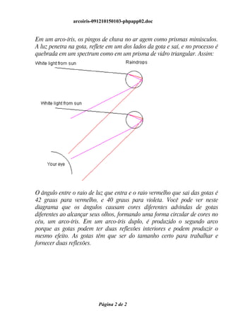 arcoiris-091210150103-phpapp02.doc


Em um arco-íris, os pingos de chuva no ar agem como prismas minúsculos.
A luz penetra na gota, reflete em um dos lados da gota e saí, e no processo é
quebrada em um spectrum como em um prisma de vidro triangular. Assim:




O ângulo entre o raio de luz que entra e o raio vermelho que sai das gotas é
42 graus para vermelho, e 40 graus para violeta. Você pode ver neste
diagrama que os ângulos causam cores diferentes advindas de gotas
diferentes ao alcançar seus olhos, formando uma forma circular de cores no
céu, um arco-íris. Em um arco-íris duplo, é produzido o segundo arco
porque as gotas podem ter duas reflexões interiores e podem produzir o
mesmo efeito. As gotas têm que ser do tamanho certo para trabalhar e
fornecer duas reflexões.




                          Página 2 de 2
 