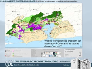 PLANEJAMENTO E GESTÃO DA CIDADE: Políticas, programas e projetos socioambientais




                                             “Vazios” demográficos precisam ser
                                             adensados? Quais são as causas
                                             desses “vazios”?




            O QUE ESPERAR DO ARCO METROPOLITANO              Ricardo Esteves
 