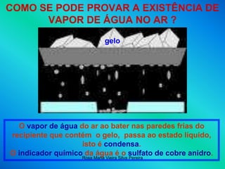 Rosa Maria Vieira Silva Pereira
COMO SE PODE PROVAR A EXISTÊNCIA DE
VAPOR DE ÁGUA NO AR ?
gelo
O vapor de água do ar ao bater nas paredes frias do
recipiente que contém o gelo, passa ao estado líquido,
isto é condensa.
O indicador químico da água é o sulfato de cobre anidro.
 