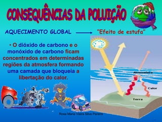 Rosa Maria Vieira Silva Pereira
AQUECIMENTO GLOBAL “Efeito de estufa”
• O dióxido de carbono e o
monóxido de carbono ficam
concentrados em determinadas
regiões da atmosfera formando
uma camada que bloqueia a
libertação do calor.
…
 