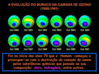 Rosa Maria Vieira Silva Pereira
A EVOLUÇÃO DO BURACO NA CAMADA DE OZONO
(1980-1991)
Foi no início dos anos 70 que o Homem começou a
preocupar-se com a destruição da camada de ozono
pelas substâncias químicas que possuía na sua
composição: cloro, hidrogénio, entre outros…
 