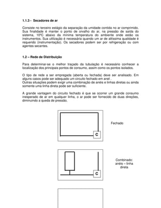 1.1.3 - Secadores de ar
Consiste no terceiro estágio da separação da umidade contida no ar comprimido.
Sua finalidade é manter o ponto de orvalho do ar, na pressão de saída do
sistema, 10ºC abaixo da mínima temperatura do ambiente onde estão os
instrumentos. Sua utilização é necessária quando um ar de altíssima qualidade é
requerido (instrumentação). Os secadores podem ser por refrigeração ou com
agentes secantes.
1.2 – Rede de Distribuição
Para determinar-se o melhor traçado da tubulação é necessário conhecer a
localização dos principais pontos de consumo, assim como os pontos isolados.
O tipo de rede a ser empregada (aberta ou fechada) deve ser analisado. Em
alguns casos pode ser adequado um circuito fechado em anel .
Outras situações podem exigir uma combinação de anéis e linhas diretas ou ainda
somente uma linha direta pode ser suficiente.
A grande vantagem do circuito fechado é que se ocorrer um grande consumo
inesperado de ar em qualquer linha, o ar pode ser fornecido de duas direções,
diminuindo a queda de pressão.
C
C
Fechado
Combinado:
anéis – linha
direta
 