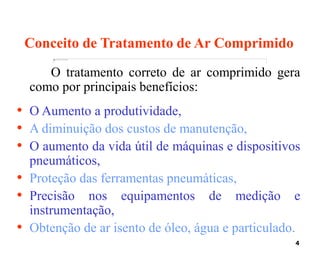 4
Conceito de Tratamento de Ar Comprimido
O tratamento correto de ar comprimido gera
como por principais benefícios:
• O Aumento a produtividade,
• A diminuição dos custos de manutenção,
• O aumento da vida útil de máquinas e dispositivos
pneumáticos,
• Proteção das ferramentas pneumáticas,
• Precisão nos equipamentos de medição e
instrumentação,
• Obtenção de ar isento de óleo, água e particulado.
 