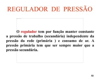 52
REGULADOR DE PRESSÃO
O regulador tem por função manter constante
a pressão de trabalho (secundária) independente da
pressão da rede (primária ) e consumo de ar. A
pressão primária tem que ser sempre maior que a
pressão secundária.
 