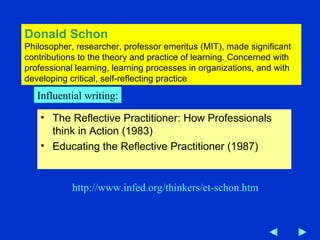 The Reflective Practitioner: How Professionals think in Action (1983) Educating the Reflective Practitioner (1987) Donald Schon Philosopher, researcher, professor emeritus (MIT), made significant contributions to the theory and practice of learning. Concerned with professional learning, learning processes in organizations, and with developing critical, self-reflecting practice http://www.infed.org/thinkers/et-schon.htm Influential writing: 