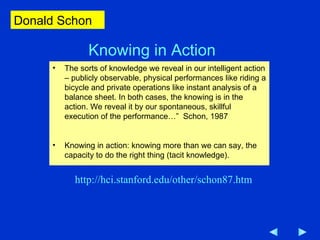 Knowing in Action The sorts of knowledge we reveal in our intelligent action – publicly observable, physical performances like riding a bicycle and private operations like instant analysis of a balance sheet. In both cases, the knowing is in the action. We reveal it by our spontaneous, skillful execution of the performance…”  Schon, 1987 Knowing in action: knowing more than we can say, the capacity to do the right thing (tacit knowledge). http://hci.stanford.edu/other/schon87.htm Donald Schon 