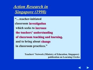 “… teacher-initiated  classroom  investigation which seeks to  increase the teachers’ understanding of classroom teaching and learning , and to bring about  change in classroom practices.” Teachers’ Network (Ministry of Education, Singapore)  publication on Learning Circles Action Research in Singapore (1998) 