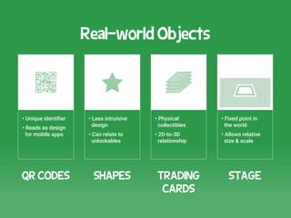 Real-world Objects 
QR CODES SHAPES TRADING 
CARDS 
STAGE 
• Unique identifier 
• Reads as design 
for mobile apps 
• Less...
