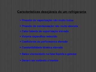 Características desejáveis de um refrigerante
 Pressão de vaporização não muito baixa
 Pressão de condensação não muito elevada
 Calor latente de vaporização elevado
 Volume específico reduzido
 Coeficiente de performance elevado
 Condutibilidade térmica elevada
 Baixa viscosidade na fase líquida e gasosa
 Devem ser estáveis e inertes
 