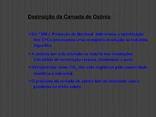 Destruição da Camada de Ozônio
 Em 1986 o Protocolo de Montreal determinou a substituição
dos CFCs provocando uma verdadeira revolução na indústria
frigorífica
 A amônia tem sido adotada na maioria das instalações
industriais de construção recente, dominando o setor
 Refrigerantes como CO2, têm sido cogitados pela comunidade
científica e industrial
 O problema da camada de ozônio tem se composto com o
problema do efeito estufa
 
