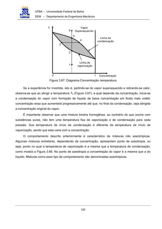 UFBA – Universidade Federal da Bahia
DEM – Departamento de Engenharia Mecânica
120
1
2
3
4
5
6
T
Concentração
Linha de
condensação
Linha de
vaporização
Vapor
Superaquecido
0 1
Figura 3.67: Diagrama Concentração−temperatura
Se a experiência for invertida, isto é, partindo-se do vapor superaquecido e retirando-se calor,
observa-se que ao atingir a temperatura T5 (Figura 3.67), a qual depende da concentração, inicia-se
a condensação do vapor com formação de líquido de baixa concentração em fluido mais volátil,
concentração essa que aumentará progressivamente até que, no final da condensação, seja atingida
a concentração original do vapor.
É importante observar que uma mistura binária homogênea, ao contrário do que ocorre com
substâncias puras, não tem uma temperatura fixa de vaporização e de condensação para cada
pressão. Sua temperatura de início de condensação é diferente da temperatura de início de
vaporização, sendo que esta varia com a concentração.
O comportamento descrito anteriormente é característico de misturas não azeotrópicas.
Algumas misturas entretanto, dependendo da concentração, apresentam ponto de azeotropia, ou
seja, ponto no qual a temperatura de vaporização é a mesma que a temperatura de condensação,
como mostra a Figura 3.68. No ponto de azeotropia a concentração do vapor é a mesma que a do
líquido. Misturas como esse tipo de comportamento são denominadas azeotrópicas.
 