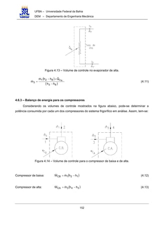 UFBA – Universidade Federal da Bahia
DEM – Departamento de Engenharia Mecânica
152
Figura 4.13 – Volume de controle no evaporador de alta.
( )
( )63
o821
3
hh
Qhhm
m A
−
+−
= (4.11)
4.6.3 – Balanço de energia para os compressores
Considerando os volumes de controle mostrados na figura abaixo, pode-se determinar a
potência consumida por cada um dos compressores do sistema frigorífico em análise. Assim, tem-se:
Figura 4.14 – Volume de controle para o compressor de baixa e de alta.
Compressor de baixa: ( )121CB hhmW −= (4.12)
Compressor de alta: ( )343CA hhmW −= (4.13)
 