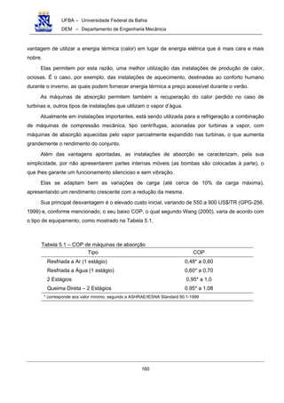 UFBA – Universidade Federal da Bahia
DEM – Departamento de Engenharia Mecânica
160
vantagem de utilizar a energia térmica (calor) em lugar de energia elétrica que é mais cara e mais
nobre.
Elas permitem por esta razão, uma melhor utilização das instalações de produção de calor,
ociosas. É o caso, por exemplo, das instalações de aquecimento, destinadas ao conforto humano
durante o inverno, as quais podem fornecer energia térmica a preço acessível durante o verão.
As máquinas de absorção permitem também a recuperação do calor perdido no caso de
turbinas e, outros tipos de instalações que utilizam o vapor d’água.
Atualmente em instalações importantes, está sendo utilizada para a refrigeração a combinação
de máquinas de compressão mecânica, tipo centrífugas, acionadas por turbinas a vapor, com
máquinas de absorção aquecidas pelo vapor parcialmente expandido nas turbinas, o que aumenta
grandemente o rendimento do conjunto.
Além das vantagens apontadas, as instalações de absorção se caracterizam, pela sua
simplicidade, por não apresentarem partes internas móveis (as bombas são colocadas à parte), o
que lhes garante um funcionamento silencioso e sem vibração.
Elas se adaptam bem as variações de carga (até cerca de 10% da carga máxima),
apresentando um rendimento crescente com a redução da mesma.
Sua principal desvantagem é o elevado custo inicial, variando de 550 a 900 US$/TR (GPG-256,
1999) e, conforme mencionado, o seu baixo COP, o qual segundo Wang (2000), varia de acordo com
o tipo de equipamento, como mostrado na Tabela 5.1.
Tabela 5.1 – COP de máquinas de absorção
Tipo COP
Resfriada a Ar (1 estágio) 0,48* a 0,60
Resfriada a Água (1 estágio) 0,60* a 0,70
2 Estágios 0,95* a 1,0
Queima Direta – 2 Estágios 0.95* a 1,08
* corresponde aos valor mínimo, segundo a ASHRAE/IESNA Standard 90.1-1999
 