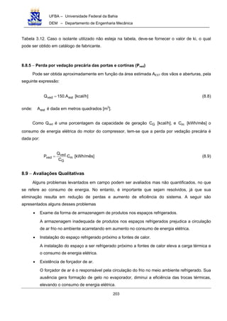 UFBA – Universidade Federal da Bahia
DEM – Departamento de Engenharia Mecânica
203
Tabela 3.12. Caso o isolante utilizado não esteja na tabela, deve-se fornecer o valor de ki, o qual
pode ser obtido em catálogo de fabricante.
8.8.5 − Perda por vedação precária das portas e cortinas (Pved)
Pode ser obtida aproximadamente em função da área estimada AEST dos vãos e aberturas, pela
seguinte expressão:
ved estQ 150.A= [kcal/h] (8.8)
onde: estA é dada em metros quadrados [m2
].
Como Qved é uma porcentagem da capacidade de geração GC [kcal/h], e mC [kWh/mês] o
consumo de energia elétrica do motor do compressor, tem-se que a perda por vedação precária é
dada por:
ved
ved m
G
Q
P C
C
= [kWh/mês] (8.9)
8.9 − Avaliações Qualitativas
Alguns problemas levantados em campo podem ser avaliados mas não quantificados, no que
se refere ao consumo de energia. No entanto, é importante que sejam resolvidos, já que sua
eliminação resulta em redução de perdas e aumento de eficiência do sistema. A seguir são
apresentados alguns desses problemas
• Exame da forma de armazenagem de produtos nos espaços refrigerados.
A armazenagem inadequada de produtos nos espaços refrigerados prejudica a circulação
de ar frio no ambiente acarretando em aumento no consumo de energia elétrica.
• Instalação do espaço refrigerado próximo a fontes de calor.
A instalação do espaço a ser refrigerado próximo a fontes de calor eleva a carga térmica e
o consumo de energia elétrica.
• Existência de forçador de ar.
O forçador de ar é o responsável pela circulação do frio no meio ambiente refrigerado. Sua
ausência gera formação de gelo no evaporador, diminui a eficiência das trocas térmicas,
elevando o consumo de energia elétrica.
 