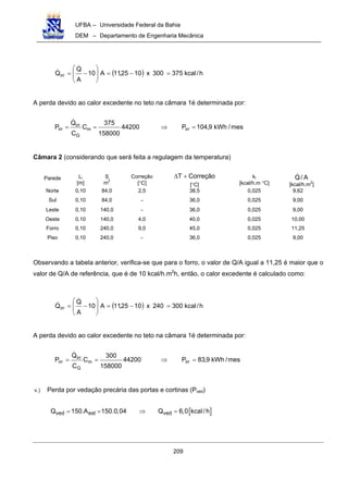 UFBA – Universidade Federal da Bahia
DEM – Departamento de Engenharia Mecânica
209
( ) h/kcal375300x1025,11A10
A
Q
Qirr =−=







−=
A perda devido ao calor excedente no teto na câmara 1é determinada por:
mes/kWh9,104P44200
158000
375
C
C
Q
P irrm
G
irr
irr =⇒==
Câmara 2 (considerando que será feita a regulagem da temperatura)
Parede Li
[m]
S
m2
Correção
[°C]
CorreçãoT +∆
[°C]
ki
[kcal/h.m °C]
A/Q
[kcal/h.m2
]
Norte 0,10 84,0 2,5 38,5 0,025 9,62
Sul 0,10 84,0 − 36,0 0,025 9,00
Leste 0,10 140,0 − 36,0 0,025 9,00
Oeste 0,10 140,0 4,0 40,0 0,025 10,00
Forro 0,10 240,0 9,0 45,0 0,025 11,25
Piso 0,10 240,0 − 36,0 0,025 9,00
Observando a tabela anterior, verifica-se que para o forro, o valor de Q/A igual a 11,25 é maior que o
valor de Q/A de referência, que é de 10 kcal/h.m2
h, então, o calor excedente é calculado como:
( ) h/kcal300240x1025,11A10
A
Q
Qirr =−=







−=
A perda devido ao calor excedente no teto na câmara 1é determinada por:
mes/kWh9,83P44200
158000
300
C
C
Q
P irrm
G
irr
irr =⇒==
v.) Perda por vedação precária das portas e cortinas (Pved)
[ ]ved est vedQ 150.A 150.0,04 Q 6,0 kcal/h= = ⇒ =
 