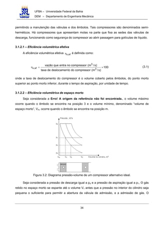 UFBA – Universidade Federal da Bahia
DEM – Departamento de Engenharia Mecânica
34
permitindo a manutenção das válvulas e dos êmbolos. Tais compressores são denominados semi-
herméticos. Há compressores que apresentam molas na parte que fixa as sedes das válvulas de
descarga, funcionando como segurança do compressor ao abrir passagem para gotículas de líquido.
3.1.2.1 – Eficiência volumétrica efetiva
A eficiência volumétrica efetiva v,efη é definida como:
100
)s/m(compressordotodeslocamendetaxa
)s/m(compressornoentraquevazão
3
3
ef,v ×=η (3.1)
onde a taxa de deslocamento do compressor é o volume coberto pelos êmbolos, do ponto morto
superior ao ponto morto inferior, durante o tempo de aspiração, por unidade de tempo.
3.1.2.2 – Eficiência volumétrica de espaço morto
Seja considerada a Erro! A origem da referência não foi encontrada., o volume máximo
ocorre quando o êmbolo se encontra na posição 3 e o volume mínimo, denominado “volume de
espaço morto”, Vm, ocorre quando o êmbolo se encontra na posição m.
Figura 3.2: Diagrama pressão-volume de um compressor alternativo ideal.
Seja considerada a pressão de descarga igual a pd e a pressão de aspiração igual a p1, O gás
retido no espaço morto se espante até o volume V1 antes que a pressão no interior do cilindro seja
pequena o suficiente para permitir a abertura da válvula de admissão, e a admissão de gás. O
 
