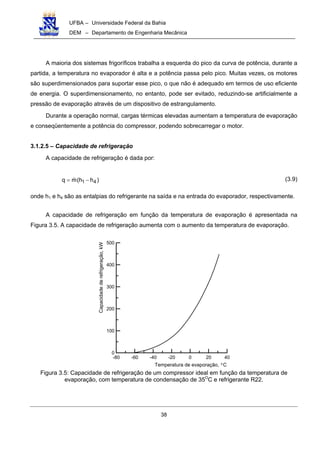 UFBA – Universidade Federal da Bahia
DEM – Departamento de Engenharia Mecânica
38
A maioria dos sistemas frigoríficos trabalha a esquerda do pico da curva de potência, durante a
partida, a temperatura no evaporador é alta e a potência passa pelo pico. Muitas vezes, os motores
são superdimensionados para suportar esse pico, o que não é adequado em termos de uso eficiente
de energia. O superdimensionamento, no entanto, pode ser evitado, reduzindo-se artificialmente a
pressão de evaporação através de um dispositivo de estrangulamento.
Durante a operação normal, cargas térmicas elevadas aumentam a temperatura de evaporação
e conseqüentemente a potência do compressor, podendo sobrecarregar o motor.
3.1.2.5 – Capacidade de refrigeração
A capacidade de refrigeração é dada por:
)hh(mq 41 −= (3.9)
onde h1 e h4 são as entalpias do refrigerante na saída e na entrada do evaporador, respectivamente.
A capacidade de refrigeração em função da temperatura de evaporação é apresentada na
Figura 3.5. A capacidade de refrigeração aumenta com o aumento da temperatura de evaporação.
-80 -60 -40 -20 0 20 40
0
100
200
300
400
500
Temperatura de evaporação, Co
Capacidadederefrigeração,kW
Figura 3.5: Capacidade de refrigeração de um compressor ideal em função da temperatura de
evaporação, com temperatura de condensação de 35O
C e refrigerante R22.
 