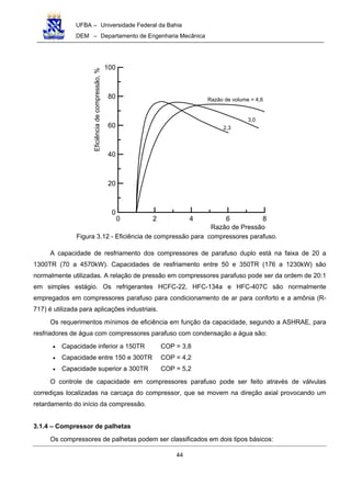 UFBA – Universidade Federal da Bahia
DEM – Departamento de Engenharia Mecânica
44
0 2 4 6 8
0
20
40
60
80
100
Razão de volume = 4,6
3,0
2,3
Eficiênciadecompressão,%
Razão de Pressão
Figura 3.12 - Eficiência de compressão para compressores parafuso.
A capacidade de resfriamento dos compressores de parafuso duplo está na faixa de 20 a
1300TR (70 a 4570kW). Capacidades de resfriamento entre 50 e 350TR (176 a 1230kW) são
normalmente utilizadas. A relação de pressão em compressores parafuso pode ser da ordem de 20:1
em simples estágio. Os refrigerantes HCFC-22, HFC-134a e HFC-407C são normalmente
empregados em compressores parafuso para condicionamento de ar para conforto e a amônia (R-
717) é utilizada para aplicações industriais.
Os requerimentos mínimos de eficiência em função da capacidade, segundo a ASHRAE, para
resfriadores de água com compressores parafuso com condensação a água são:
• Capacidade inferior a 150TR COP = 3,8
• Capacidade entre 150 e 300TR COP = 4,2
• Capacidade superior a 300TR COP = 5,2
O controle de capacidade em compressores parafuso pode ser feito através de válvulas
corrediças localizadas na carcaça do compressor, que se movem na direção axial provocando um
retardamento do início da compressão.
3.1.4 – Compressor de palhetas
Os compressores de palhetas podem ser classificados em dois tipos básicos:
 