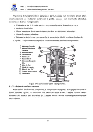 UFBA – Universidade Federal da Bahia
DEM – Departamento de Engenharia Mecânica
49
O princípio de funcionamento do compressor Scroll, baseado num movimento orbital, difere
fundamentalmente do tradicional compressor a pistão, baseado num movimento alternativo,
apresentando diversas vantagens como
• Eficiência de 5 a 10 % maior que um compressor alternativo de igual capacidade;
• Ausência de válvulas;
• Menor quantidade de partes móveis em relação a um compressor alternativo;
• Operação suave e silenciosa
• Baixa variação de torque com conseqüente aumento da vida útil e redução de vibração;
A Figura 3.17 apresenta um compressor Scroll indicando seus diversos componentes.
Figura 3.17: Compressor Scroll e componentes.
3.1.7.1 – Princípio de Funcionamento
Para realizar o trabalho de compressão, o compressor Scroll possui duas peças em forma de
espiral, conforme Figura 3.18, encaixadas face a face uma sobre a outra. A espiral superior é fixa e
apresenta uma abertura para a saída do gás. A espiral inferior é móvel, acionada por um motor com
eixo excêntrico.
 