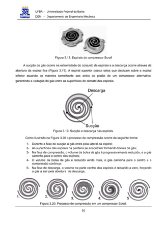 UFBA – Universidade Federal da Bahia
DEM – Departamento de Engenharia Mecânica
50
Figura 3.18: Espirais do compressor Scroll
A sucção do gás ocorre na extremidade do conjunto de espirais e a descarga ocorre através da
abertura da espiral fixa (Figura 3.19). A espiral superior possui selos que deslizam sobre a espiral
inferior atuando de maneira semelhante aos anéis do pistão de um compressor alternativo,
garantindo a vedação do gás entre as superfícies de contato das espirais.
Figura 3.19: Sucção e descarga nas espirais.
Como ilustrado na Figura 3.20 o processo de compressão ocorre da seguinte forma:
1- Durante a fase de sucção o gás entra pela lateral da espiral;
2- As superfícies das espirais na periferia se encontram formando bolsas de gás;
3- Na fase de compressão, o volume da bolsa de gás é progressivamente reduzido, e o gás
caminha para o centro das espirais;
4- O volume da bolsa de gás é reduzido ainda mais, o gás caminha para o centro e a
compressão continua;
5- Na fase de descarga, o volume na parte central das espirais é reduzido a zero, forçando
o gás a sair pela abertura de descarga.
Figura 3.20: Processo de compressão em um compressor Scroll.
 