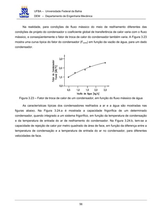 UFBA – Universidade Federal da Bahia
DEM – Departamento de Engenharia Mecânica
56
Na realidade, para condições de fluxo mássico do meio de resfriamento diferentes das
condições de projeto do condensador o coeficiente global de transferência de calor varia com o fluxo
mássico, e conseqüentemente o fator de troca de calor do condensador também varia. A Figura 3.23
mostra uma curva típica do fator do condensador (Fcond) em função da vazão de água, para um dado
condensador.
Figura 3.23 – Fator de troca de calor de um condensador, em função do fluxo mássico de água
As características típicas dos condensadores resfriados a ar e a água são mostradas nas
figuras abaixo. Na Figura 3.24.a é mostrada a capacidade frigorífica de um determinado
condensador, quando integrado a um sistema frigorífico, em função da temperatura de condensação
e da temperatura de entrada do ar de resfriamento do condensador. Na Figura 3.24.b, tem-se a
capacidade de rejeição de calor por metro quadrado de área de face, em função da diferença entre a
temperatura de condensação e a temperatura de entrada do ar no condensador, para diferentes
velocidades de face.
 