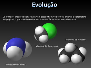 Os primeiros ares condicionados usavam gases inflamáveis como a amónia, o clorometano
e o propano, o que poderia resultar em acidentes fatais se um tubo rebentasse.




                                                                Molécula de Propano

                                 Molécula de Cloroetano




   Molécula de Amónia
 