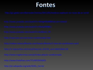 http://g1.globo.com/bemestar/noticia/2011/05/medicos-explicam-os-riscos-do-ar-condiciona


http://www.youtube.com/watch?v=IGtKgAOIj48&feature=related

http://www.youtube.com/watch?v=PAx4yR90BCc

http://www.youtube.com/watch?v=bv68znA_l7E

http://casa.hsw.uol.com.br/ar-condicionado.htm

http://videos.howstuffworks.com/howstuffworks/1-how-air-conditioners-work-video.htm

http://tr.lojasonline.net/sn/pd/faqs/ver.cfm?id_user=66422&id=28

http://www.engitermica.com/pt/index.php/ar-condicionado

http://www.friolafoes.com/?CURIOSIDADES

http://pt.wikipedia.org/wiki/Willis_Carrier
 
