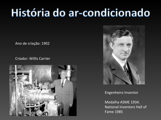 Ano de criação: 1902


Criador: Willis Carrier




                          Engenheiro Inventor

                          Medalha ASME 1934.
                          National Inventors Hall of
                          Fame 1985
 