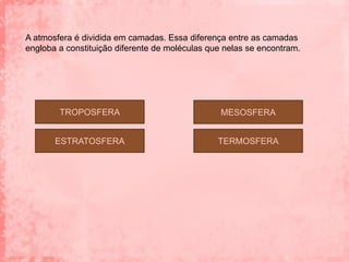 A atmosfera é dividida em camadas. Essa diferença entre as camadas
engloba a constituição diferente de moléculas que nelas se encontram.




        TROPOSFERA                               MESOSFERA


       ESTRATOSFERA                             TERMOSFERA
 
