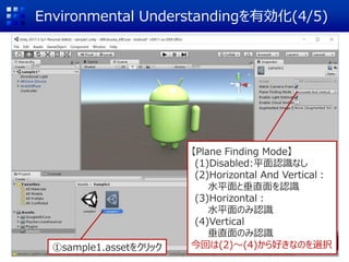 Environmental UnderstandingЄ(4/5)
sample1.asset򥯥å
Plane Finding Mode
(1)Disabled:ƽJRʤ
(2)Horizontal And Vertical
ˮƽȴֱJR
(3)Horizontal
ˮƽΤJR
(4)Vertical
ֱΤJR
ؤ(2)(4)äʤΤxk
 
