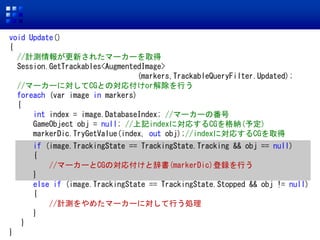 void Update()
{
//Ӌy󤬸¤줿ީ``ȡ
Session.GetTrackables<AugmentedImage>
(markers,TrackableQueryFilter.Updated);
//ީ``ˌCGȤΌ긶orФ
foreach (var image in markers)
{
int index = image.DatabaseIndex; //ީ``η
GameObject obj = null; //ӛindexˌꤹCG{(趨)
markerDic.TryGetValue(index, out obj);//indexˌꤹCGȡ
if (image.TrackingState == TrackingState.Tracking && obj == null)
{
//ީ``CGΌ긶ȴǕ(markerDic)hФ
}
else if (image.TrackingState == TrackingState.Stopped && obj != null)
{
//Ӌy᤿ީ``ˌФI
}
}
}
 