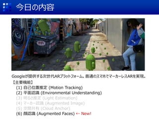 今日の内容
Googleが提供する次世代ARプラットフォーム。普通のスマホでマーカーレスARを実現。
【主要機能】
(1) 自己位置推定 (Motion Tracking)
(2) 平面認識 (Environmental Understanding)
(3) 明るさ推定 (Light Estimation)
(4) マーカー認識 (Augmented Image)
(5) 空間共有 (Cloud Anchor)
(6) 顔認識 (Augmented Faces) ← New!
 