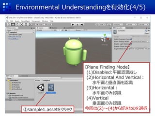 Environmental Understandingを有効化(4/5)
①sample1.assetをクリック
【Plane Finding Mode】
(1)Disabled:平面認識なし
(2)Horizontal And Vertical：
水平面と垂直面を認識
(3)Horizontal：
水平面のみ認識
(4)Vertical
垂直面のみ認識
今回は(2)～(4)から好きなのを選択
 