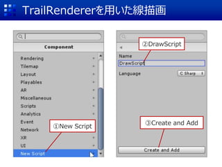 TrailRendererを用いた線描画
①New Script
③Create and Add
②DrawScript
 