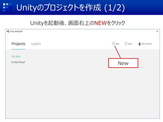 Unityのプロジェクトを作成 (1/2)
Unityを起動後、画面右上のNEWをクリック
New
 