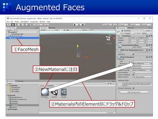 Augmented Faces
②NewMaterialに注目
①FaceMesh
②Materials内のElement0にドラッグ&ドロップ
 