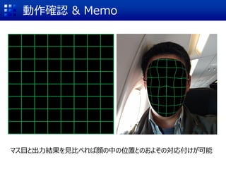 動作確認 & Memo
マス目と出力結果を見比べれば顔の中の位置とのおよその対応付けが可能
 