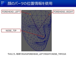 顔のパーツの位置情報を使用
FOREHEAD_LEFT FOREHEAD_RIGHT
NOSE_TIP
今のところ、取得できるのはFOREHEAD_LEFT/RIGHTとNOSE_TIPの3点
 
