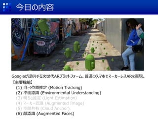今日の内容
Googleが提供する次世代ARプラットフォーム。普通のスマホでマーカーレスARを実現。
【主要機能】
(1) 自己位置推定 (Motion Tracking)
(2) 平面認識 (Environmental Understanding)
(3) 明るさ推定 (Light Estimation)
(4) マーカー認識 (Augmented Image)
(5) 空間共有 (Cloud Anchor)
(6) 顔認識 (Augmented Faces)
 