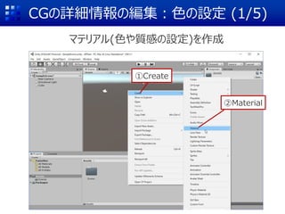 CGの詳細情報の編集：色の設定 (1/5)
マテリアル(色や質感の設定)を作成
①Create
②Material
 