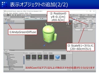 表示オブジェクトの追加(2/2)
①AndyGreenDiffuse
② Positionの
yを-0.1[m]
zを0.5[m]
③ Scaleを1~3くらいに
(20~60cmくらい)
※ARCoreではアプリ立ち上げ時のスマホの位置が0 0 0となります
 