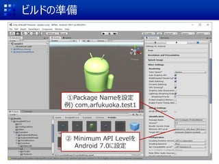 ビルドの準備
①Package Nameを設定
例) com.arfukuoka.test1
② Minimum API Levelを
Android 7.0に設定
 