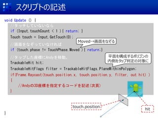 スクリプトの記述
void Update () {
//タッチしていないなら
if (Input.touchCount < 1 ){ return; }
Touch touch = Input.GetTouch(0);
//画面をなぞっていなければ
if (touch.phase != TouchPhase.Moved ){ return;}
//タップした座標にAndyを移動。
TrackableHit hit;
TrackableHitFlags filter = TrackableHitFlags.PlaneWithinPolygon;
if(Frame.Raycast(touch.position.x, touch.position.y, filter, out hit) )
{
//Andyの3D座標を指定するコードを記述(次頁)
}
}
touch.position
hit
Moved→画面をなぞる
平面を構成するポリゴンの
内側をタップ判定の対象に
 