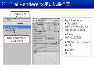 TrailRendererを用いた線描画
Trailと入力
【Trail Renderer】
■Material
前半で作ったマテリアル
をElementに追加
■Time
Infinityに変更
■MinVertexDistance
0.03
■Width
0.01
Trail Rendererを
ダブルクリック
 